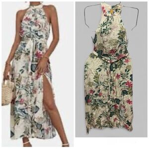 SHEIN Cream Floral Halter Maxi Dress with Pink & Green Accents